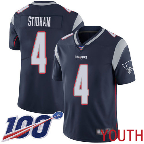 New England Patriots Limited Navy Blue Youth 4 Jarrett Stidham Home NFL Jersey 100th Season